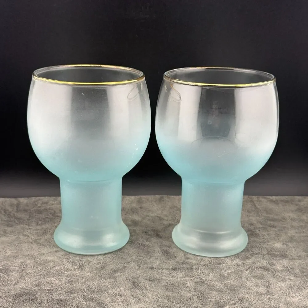 TWO (2) Vintage Federal Glass Company Frosted Blue Tumblers Cups Gold Rim 5.5